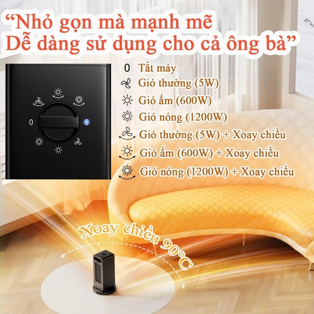 Quạt Sưởi Gốm Phòng Tắm Cho Bé 6 Chế Độ, Máy Sưởi Ấm Mini Tiết Kiệm Điện Xoay Đảo Chiều Không Khô Da