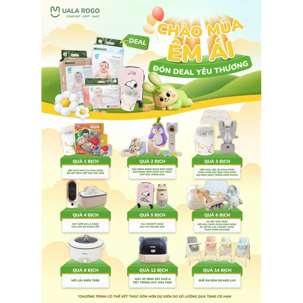 Tã/Bỉm UalaRogo Sợi Tre Mềm Mại Chống Tràn Thấm Hút Tốt Cho Bé Đủ Size NB,S,M,L,XL,XXL,3XL [ib chọn quà]
