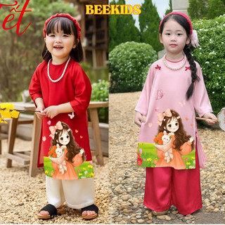Áo Dài Tết 2026 Hàng Thiết Kế Cho Bé Gái, Áo Dài Bé Gái In Hình Cô Gái, Áo Dài Cách Tân Chất Lụa Gấm Đẹp DA05 - BEEKIDS