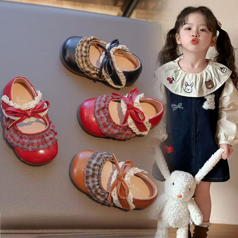 Giày da bé gái ren kiểu công chúa, nơ nhỏ thời trang và dễ thương, phù hợp với trẻ 2-8 tuổi