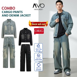 COMBO Quần Jean Denim CargoPants 8 túi ống rộng suông và Áo Khoác Jean Jacket Unisex Nam Nữ Phong cách bụi bặm Avocado
