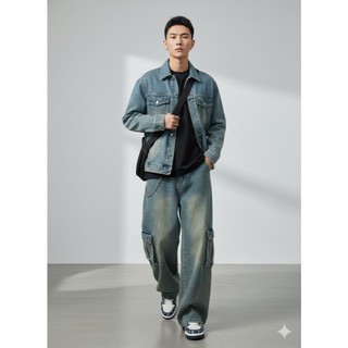 COMBO Quần Jean Denim CargoPants 8 túi ống rộng suông và Áo Khoác Jean Jacket Unisex Nam Nữ Phong cách bụi bặm Avocado
