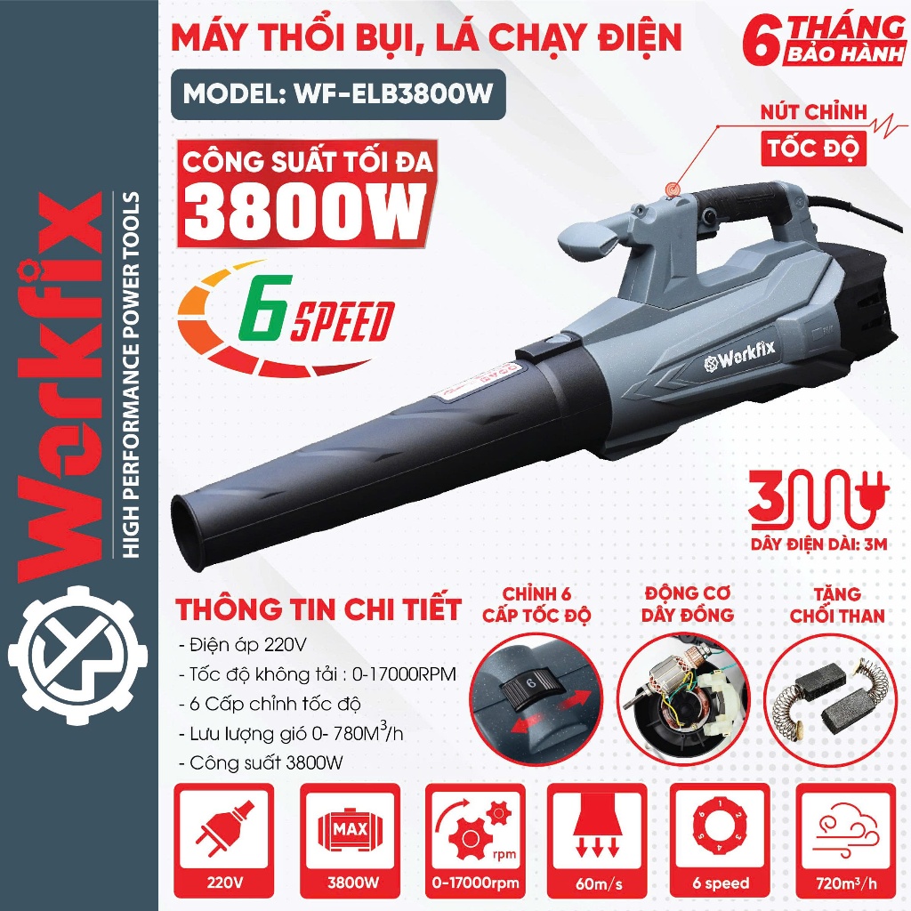 [Mới - Tặng Chổi Than] Máy Thổi Bụi, Lá Điện WORKFIX WF-ELB3800W,  3800W Thổi Liên Tục – Tặng Chổi Than Cao Cấp