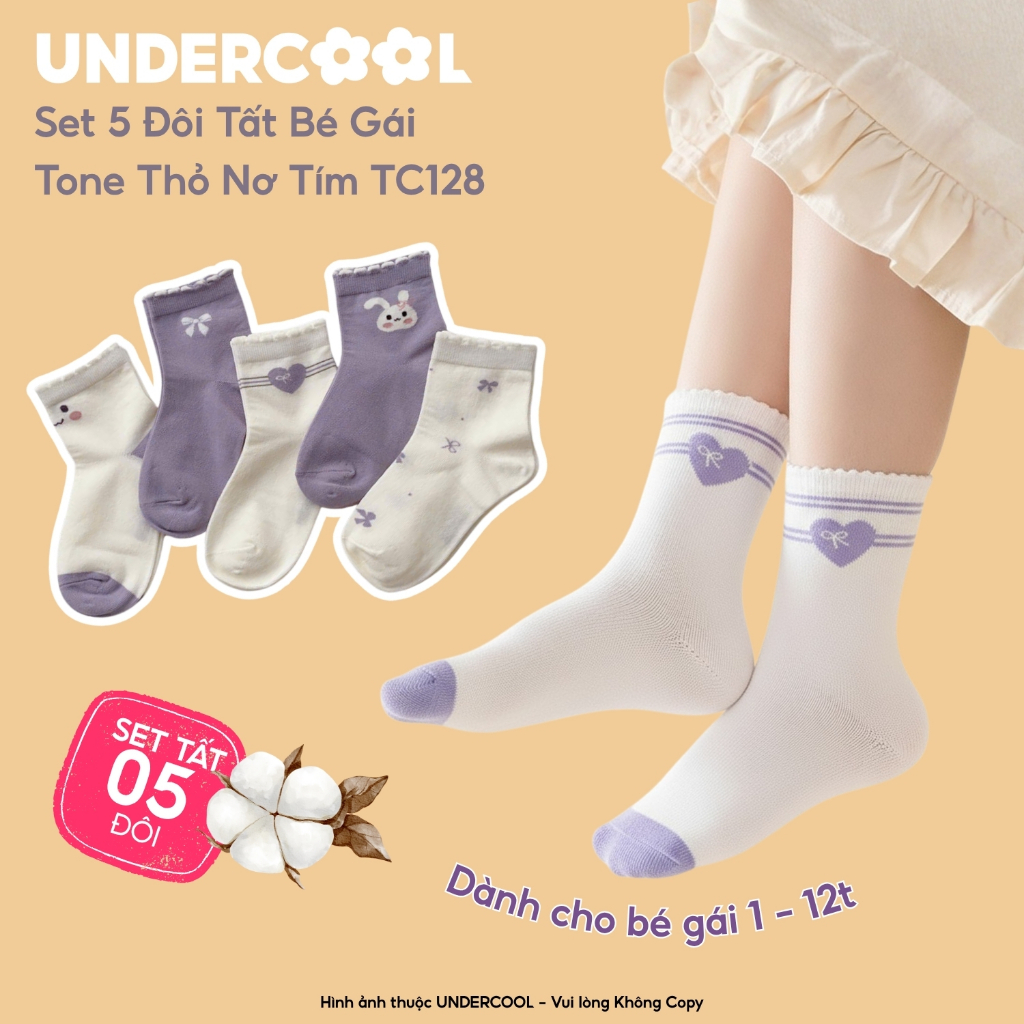 Set 5 Đôi Tất Bé Gái Họa Tiết Thỏ Nơ Tim Tone Tím Trắng UNDERCOOL Cotton Mềm Cho Bé 1-12 Tuổi TC128