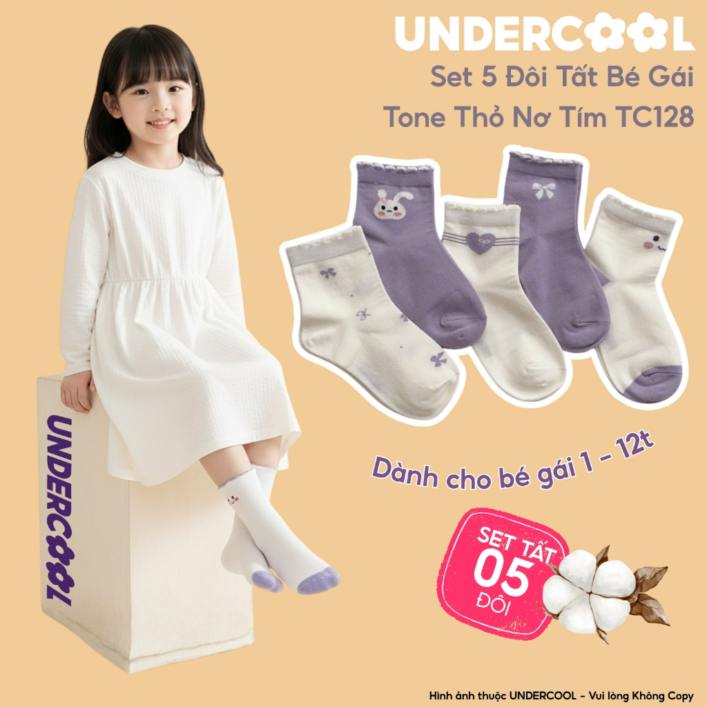 Set 5 Đôi Tất Bé Gái Họa Tiết Thỏ Nơ Tim Tone Tím Trắng UNDERCOOL Cotton Mềm Cho Bé 1-12 Tuổi TC128