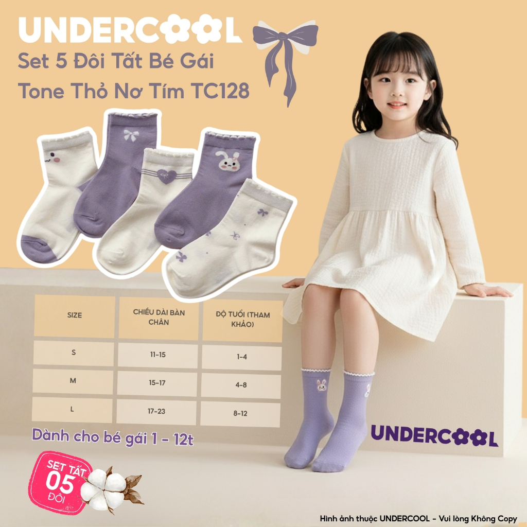 Set 5 Đôi Tất Bé Gái Họa Tiết Thỏ Nơ Tim Tone Tím Trắng UNDERCOOL Cotton Mềm Cho Bé 1-12 Tuổi TC128