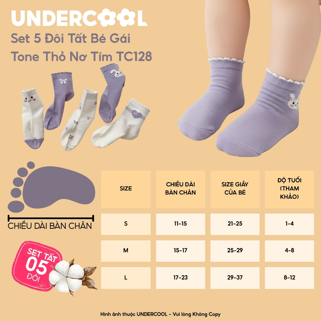 Set 5 Đôi Tất Bé Gái Họa Tiết Thỏ Nơ Tim Tone Tím Trắng UNDERCOOL Cotton Mềm Cho Bé 1-12 Tuổi TC128