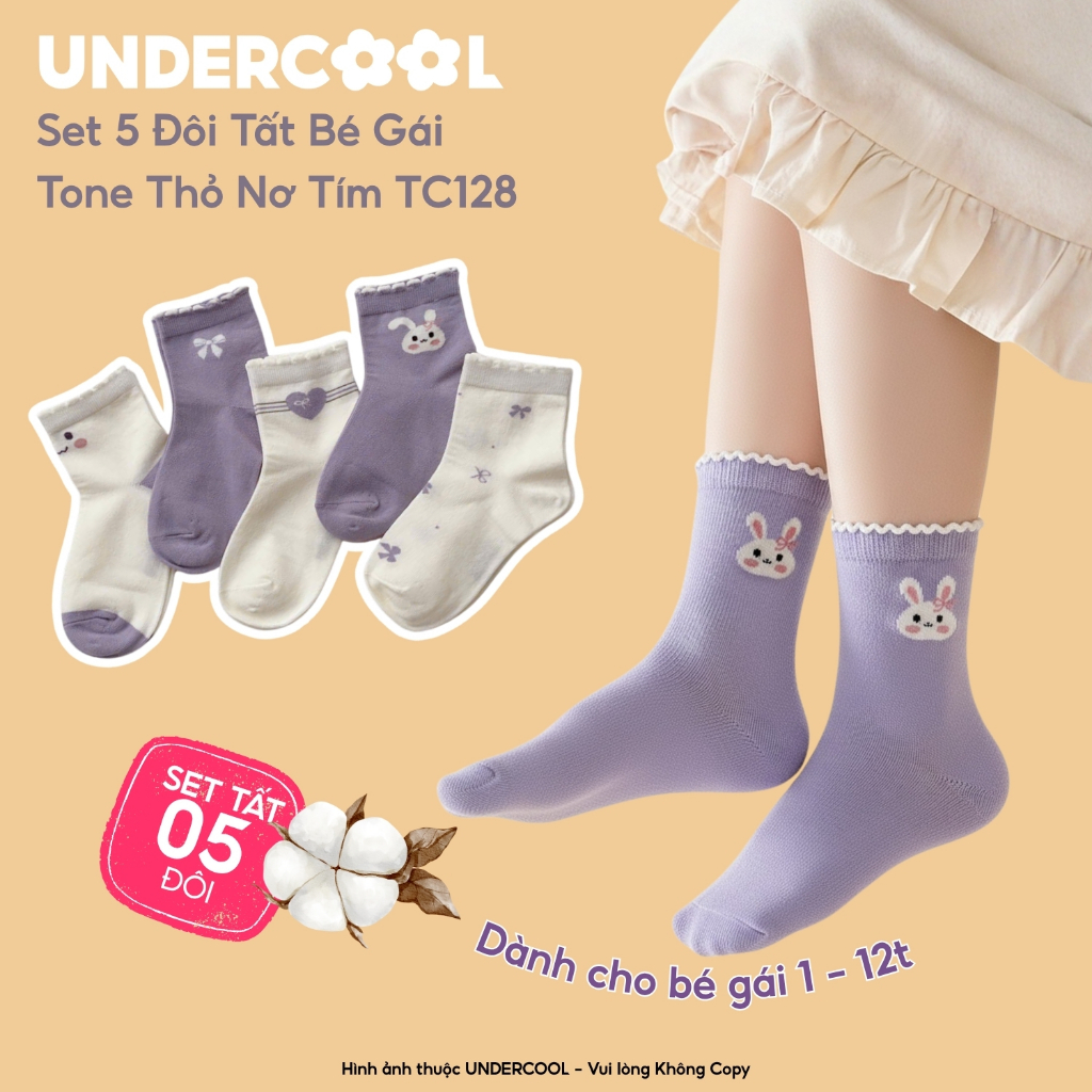 Set 5 Đôi Tất Bé Gái Họa Tiết Thỏ Nơ Tim Tone Tím Trắng UNDERCOOL Cotton Mềm Cho Bé 1-12 Tuổi TC128