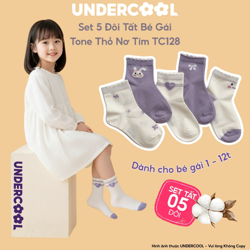 Set 5 Đôi Tất Bé Gái Họa Tiết Thỏ Nơ Tim Tone Tím Trắng UNDERCOOL Cotton Mềm Cho Bé 1-12 Tuổi TC128