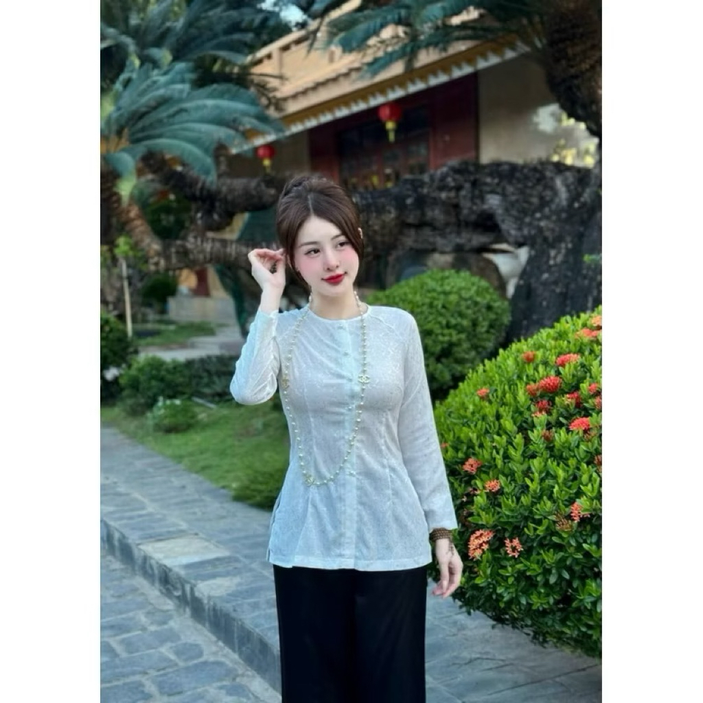 (Đồ Lam Cao Cấp Loại 1)Bộ Bà Ba Gấm Lụa Đính Nút Ngọc - Set Bà Ba Đơn Giản | Đồ Lam An Nhiên