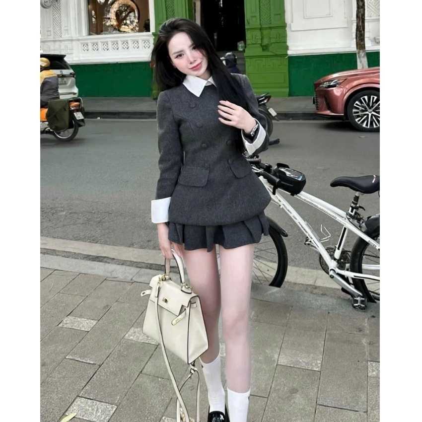 Set váy dạ Tweed áo Vest cổ sơ mi trắng phối chân váy xếp ly ngắn thanh lịch đi chơi dự tiệc cực xinh