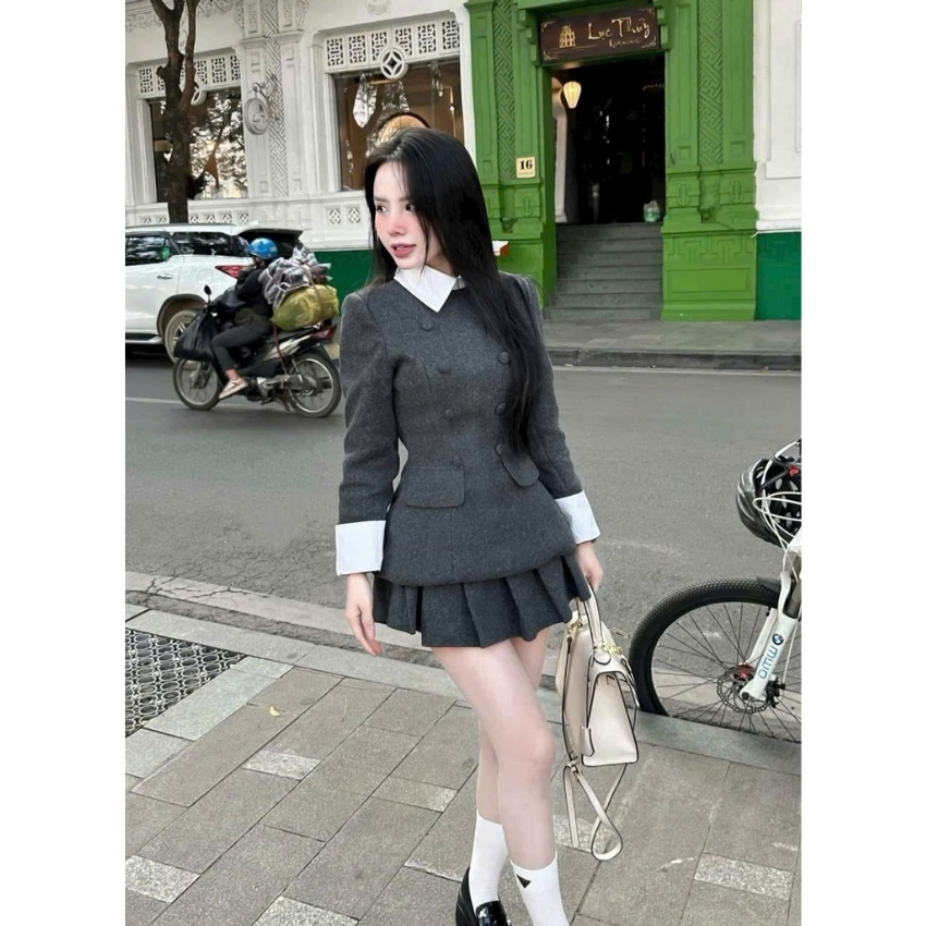 Set váy dạ Tweed áo Vest cổ sơ mi trắng phối chân váy xếp ly ngắn thanh lịch đi chơi dự tiệc cực xinh