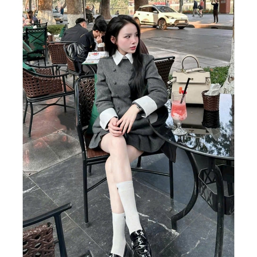 Set váy dạ Tweed áo Vest cổ sơ mi trắng phối chân váy xếp ly ngắn thanh lịch đi chơi dự tiệc cực xinh