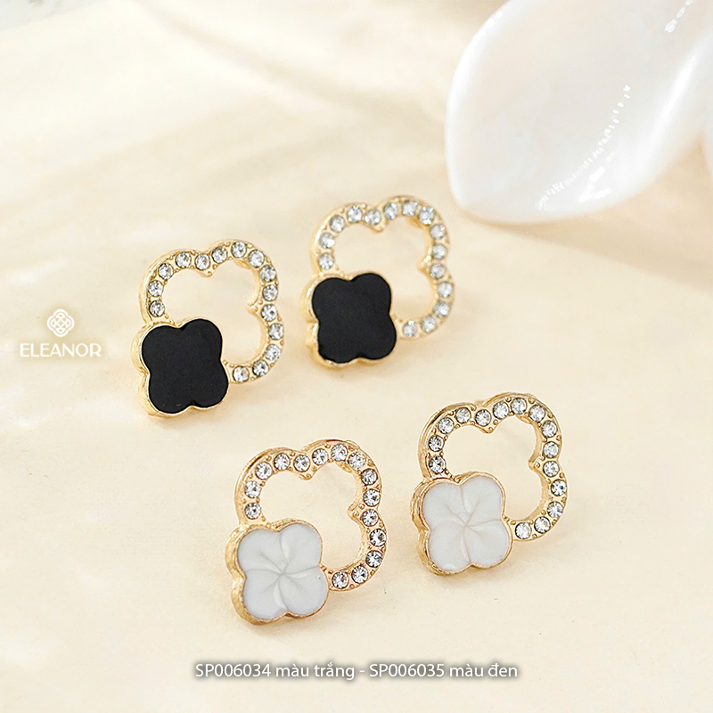 Bông tai nữ chuôi bạc 925 Eleanor Accessories đính đá cỏ 4 lá phụ kiện trang sức khuyên tai 6034