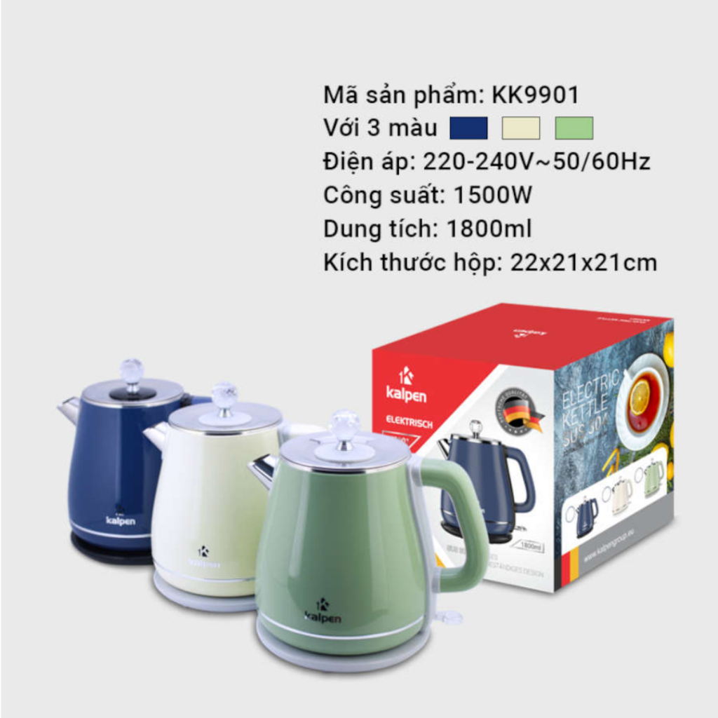 Ấm đun nước siêu tốc Kalpen sắc màu KK9901- 3 màu