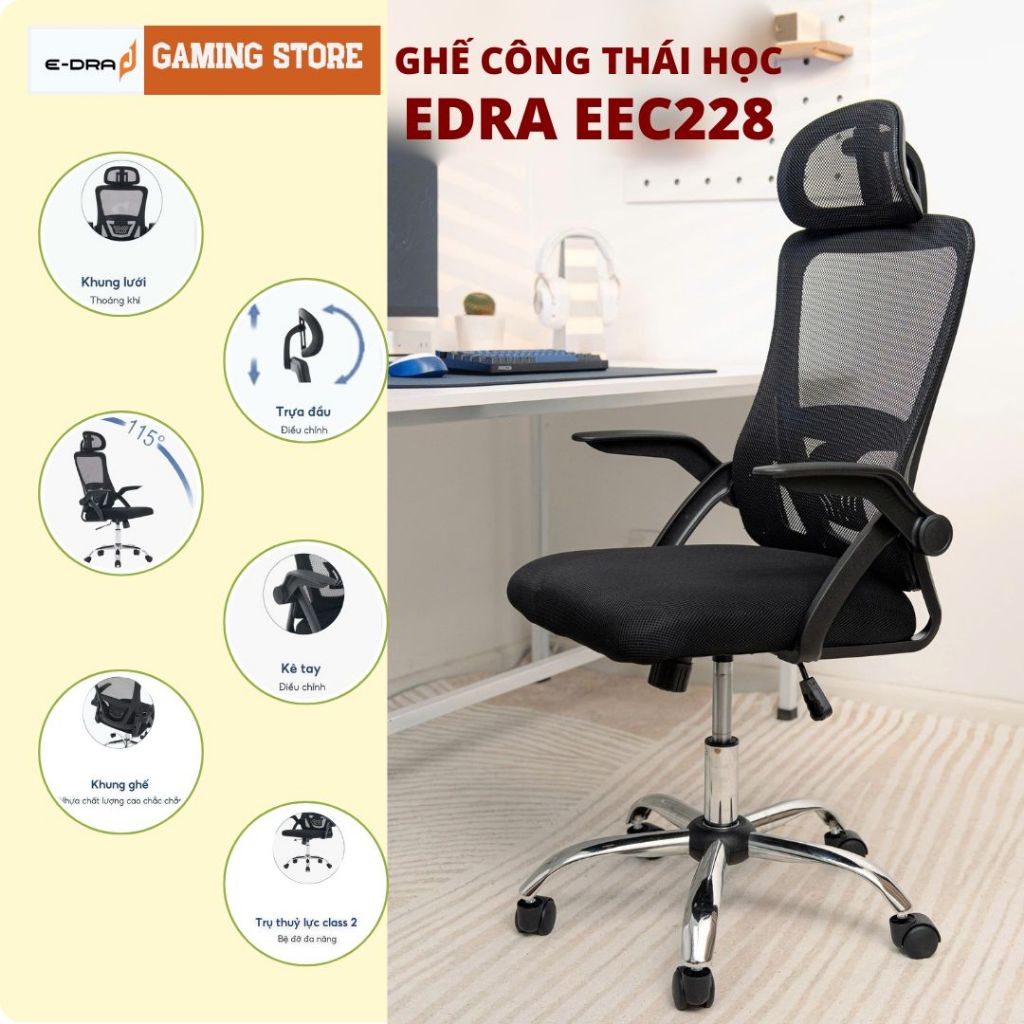 Ghế Công Thái Học EEC228 Ghế Văn Phòng Lưng Lưới Thoáng Khí, Tựa Đầu Kê Tay Điều Chỉnh, Chân Kim Loại Bảo Hành 1 Năm | BigBuy360 - bigbuy360.vn