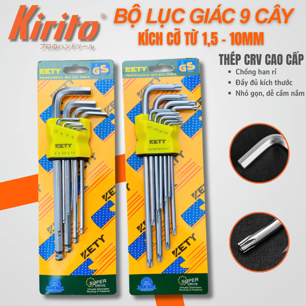 Bộ Lục Giác, Hoa Thị ZETY Thép CRV Trắng Đầu Bi 9 Cây Chữ L 1.5-10mm , Chất liệu thép CR-V6150