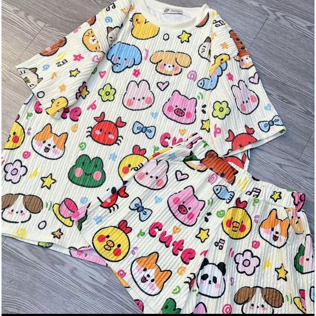 Bộ Hoạ Tiết Hoạt Hình Form Rộng, Kiểu Dáng Cute, Chất Vải Mềm Mát, Mặc Mùa Hè Cực Thoải Mái
