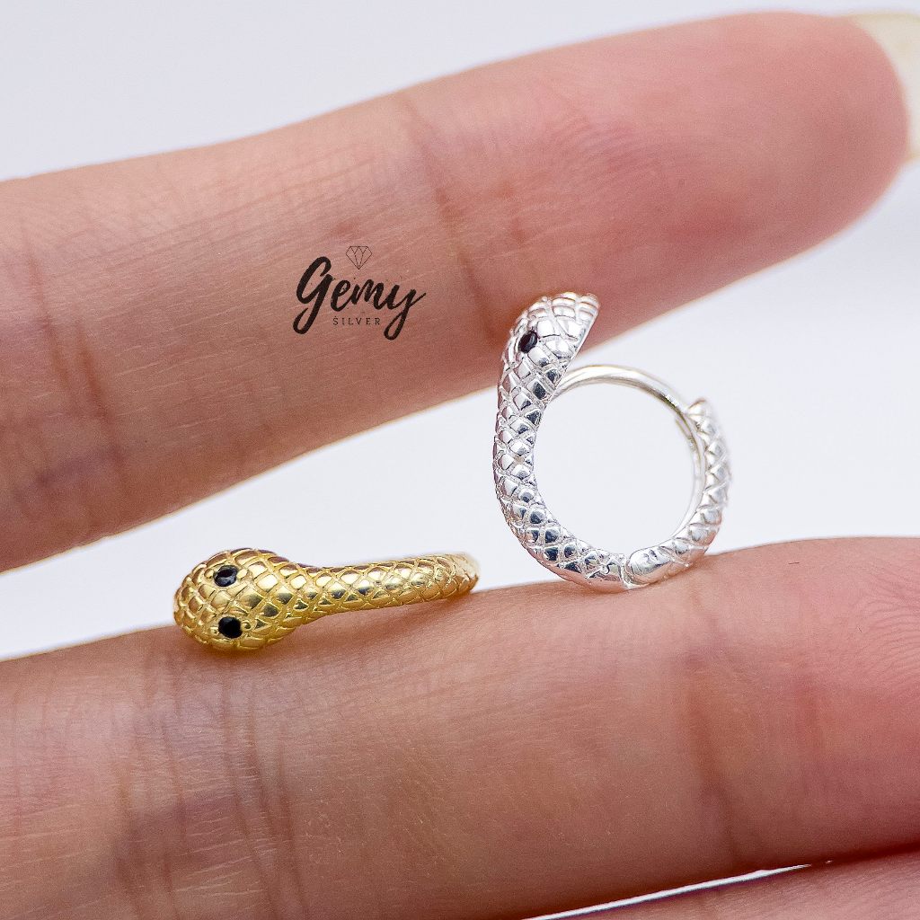 Khuyên tai nam tròn bạc nguyên Snake thiết kế con rắn 2 màu bạc và vàng (1 chiếc) KN112 | GEMY SILVER