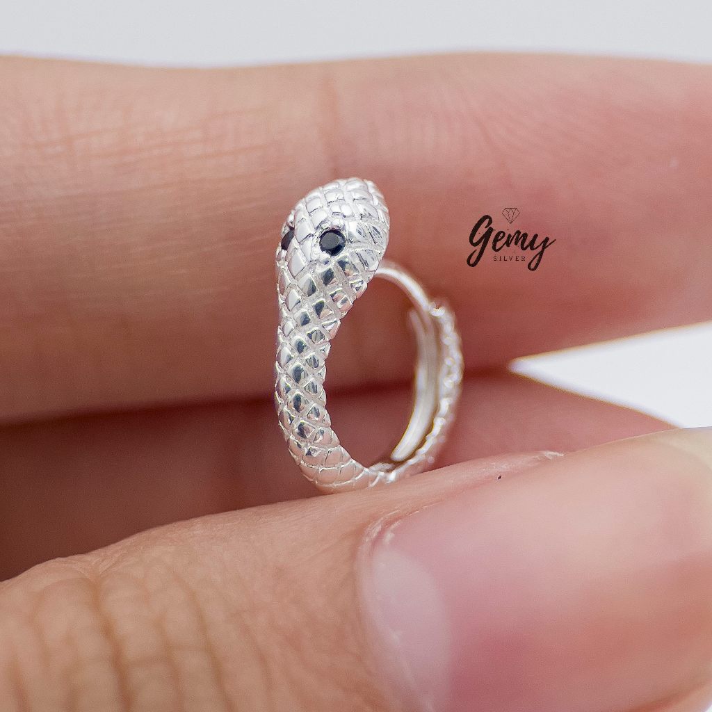 Khuyên tai nam tròn bạc nguyên Snake thiết kế con rắn 2 màu bạc và vàng (1 chiếc) KN112 | GEMY SILVER