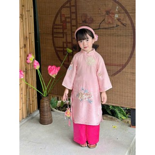 Áo dài cách tân bé gái diện tết kèm quần và mấn, áo dài tết thêu hoa Mẫu đơn cho bé gái sz 10-30kg