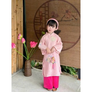 Áo dài cách tân bé gái diện tết kèm quần và mấn, áo dài tết thêu hoa Mẫu đơn cho bé gái sz 10-30kg
