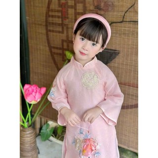 Áo dài cách tân bé gái diện tết kèm quần và mấn, áo dài tết thêu hoa Mẫu đơn cho bé gái sz 10-30kg