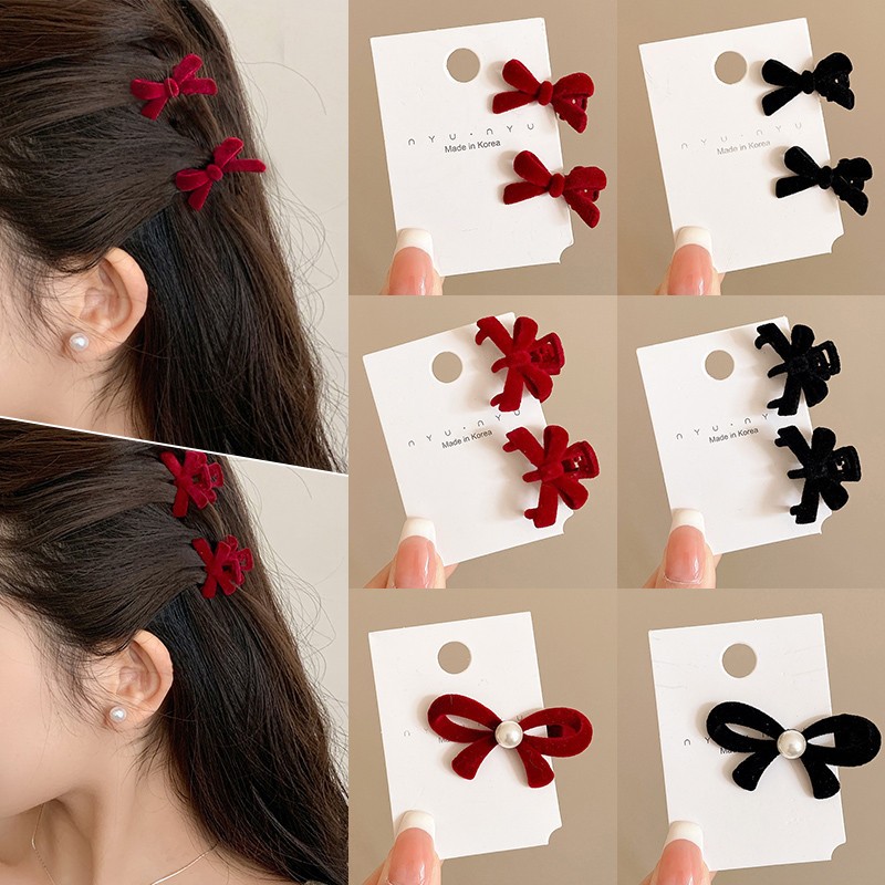 Set 2 Kẹp Tóc Mái Nơ Nhung Mini Phong Cách Hàn Quốc Phụ Kiện Tóc Nữ Emopli