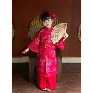 Áo dài cách tân bé gái thêu hoa đính nơ sắc đỏ hồng kèm bờm, áo dài tết bé gái sz 10-30kg