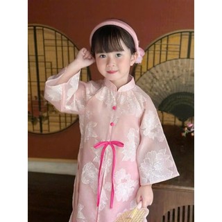 Áo dài cách tân bé gái thêu hoa đính nơ sắc đỏ hồng kèm bờm, áo dài tết bé gái sz 10-30kg