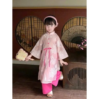 Áo dài cách tân bé gái thêu hoa đính nơ sắc đỏ hồng kèm bờm, áo dài tết bé gái sz 10-30kg