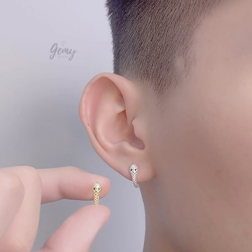 Khuyên tai nam tròn bạc nguyên Snake thiết kế con rắn 2 màu bạc và vàng (1 chiếc) KN112 | GEMY SILVER
