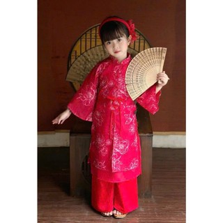 Áo dài cách tân bé gái thêu hoa đính nơ sắc đỏ hồng kèm bờm, áo dài tết bé gái sz 10-30kg