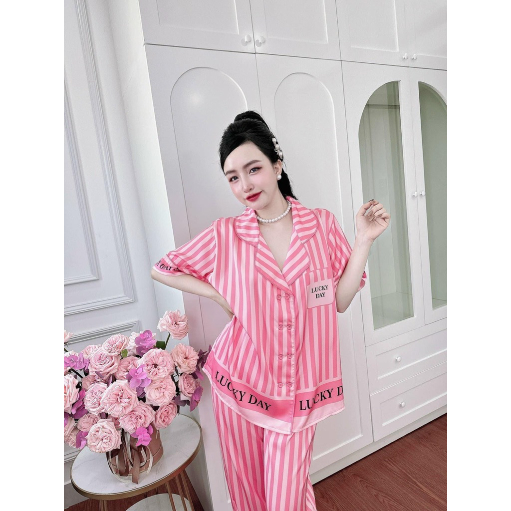 40-60kg Đồ bộ- set ngủ mặc nhà pijama sọc hồng lụa XƯỚC mịn mát