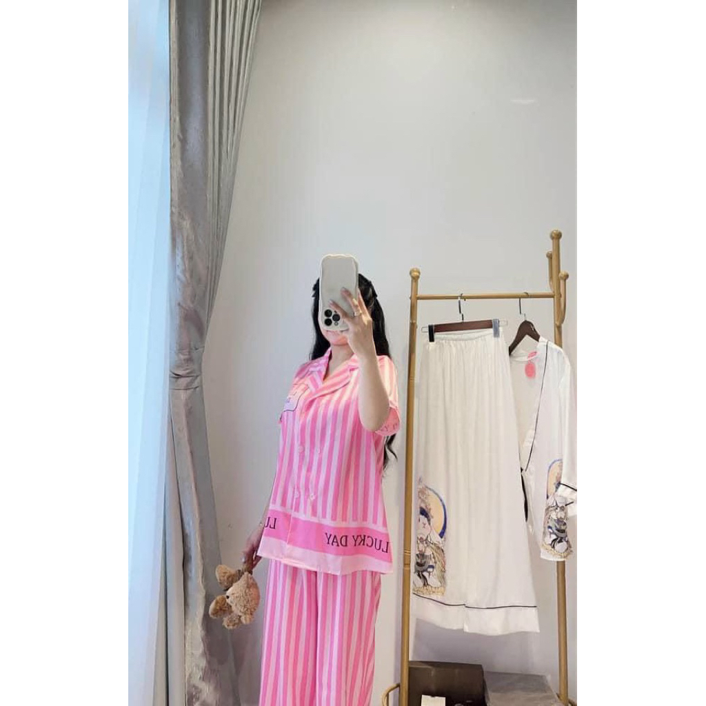 40-60kg Đồ bộ- set ngủ mặc nhà pijama sọc hồng lụa XƯỚC mịn mát