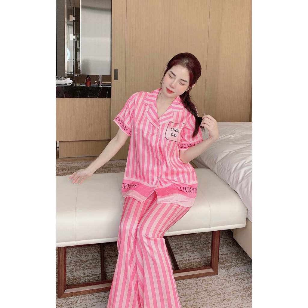 40-60kg Đồ bộ- set ngủ mặc nhà pijama sọc hồng lụa XƯỚC mịn mát