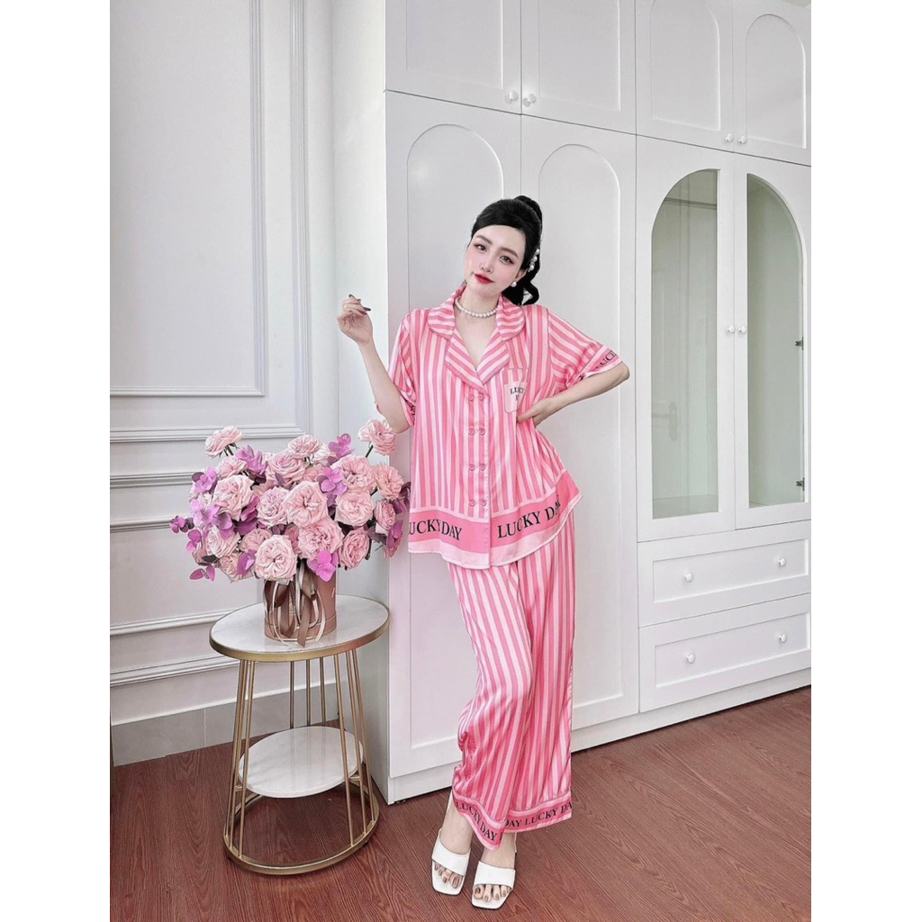 40-60kg Đồ bộ- set ngủ mặc nhà pijama sọc hồng lụa XƯỚC mịn mát