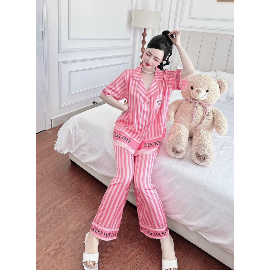 40-60kg Đồ bộ- set ngủ mặc nhà pijama sọc hồng lụa XƯỚC mịn mát