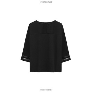 HYPNOTISM | ''RIMLINE HALFSLEEVES'' - Áo thun đen tay lửng phối viền da