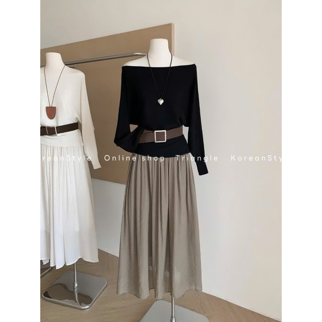 TRIANGLE - Charm Set (Cân nhắc kỹ, return is not welcomed) - Set áo len cổ thuyền mix chân váy voan xòe dài kèm belt