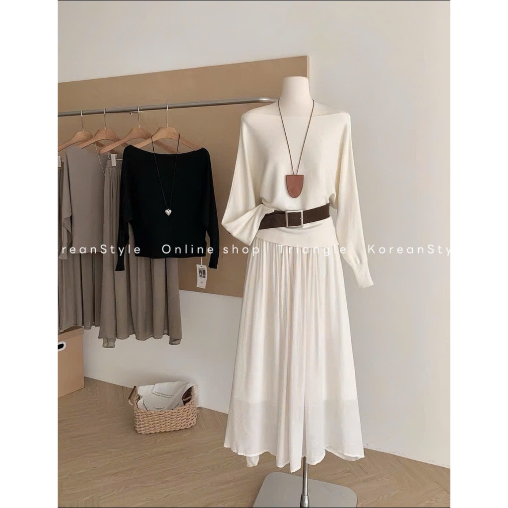 TRIANGLE - Charm Set (Cân nhắc kỹ, return is not welcomed) - Set áo len cổ thuyền mix chân váy voan xòe dài kèm belt