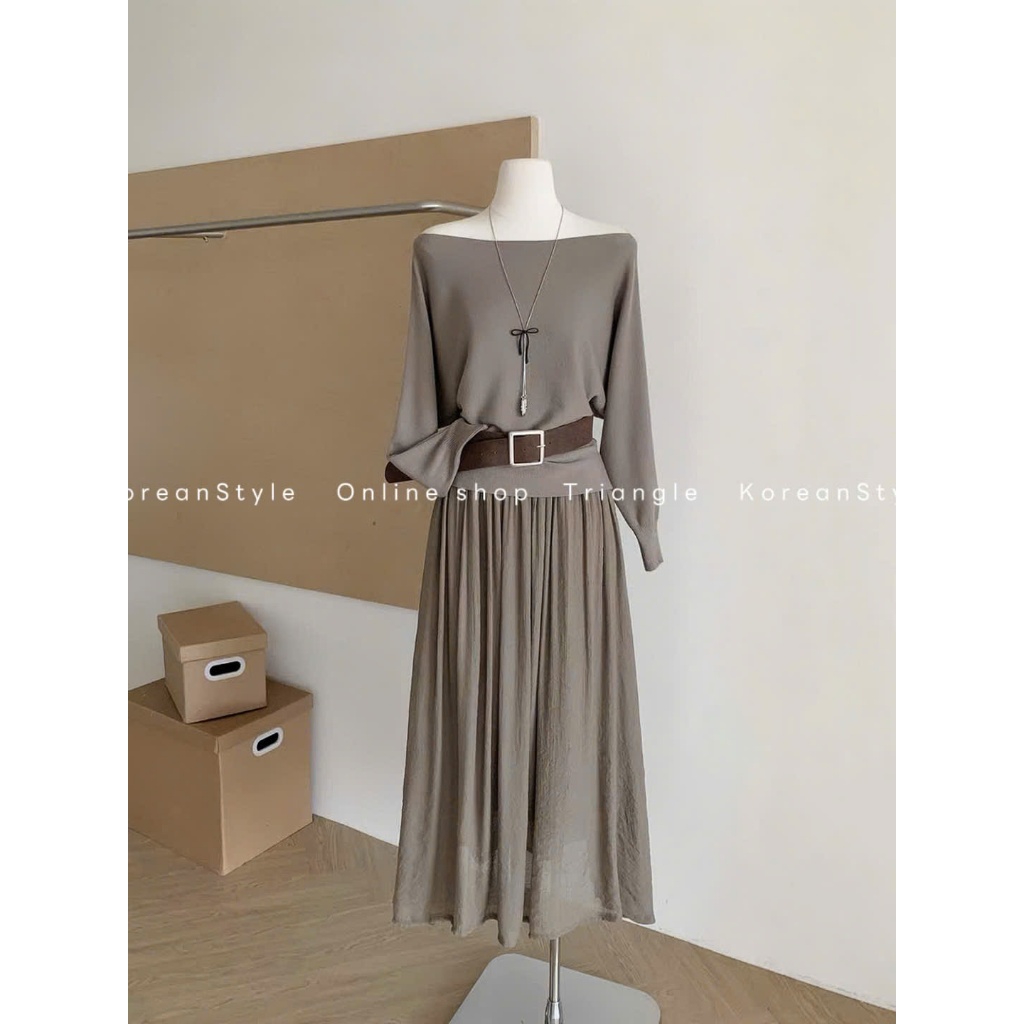 TRIANGLE - Charm Set (Cân nhắc kỹ, return is not welcomed) - Set áo len cổ thuyền mix chân váy voan xòe dài kèm belt