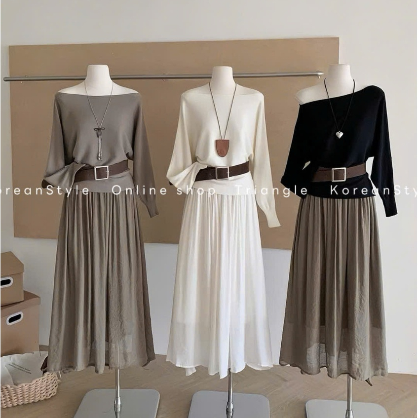 TRIANGLE - Charm Set (Cân nhắc kỹ, return is not welcomed) - Set áo len cổ thuyền mix chân váy voan xòe dài kèm belt
