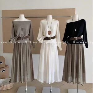TRIANGLE - Charm Set (Cân nhắc kỹ, return is not welcomed) - Set áo len cổ thuyền mix chân váy voan xòe dài kèm belt