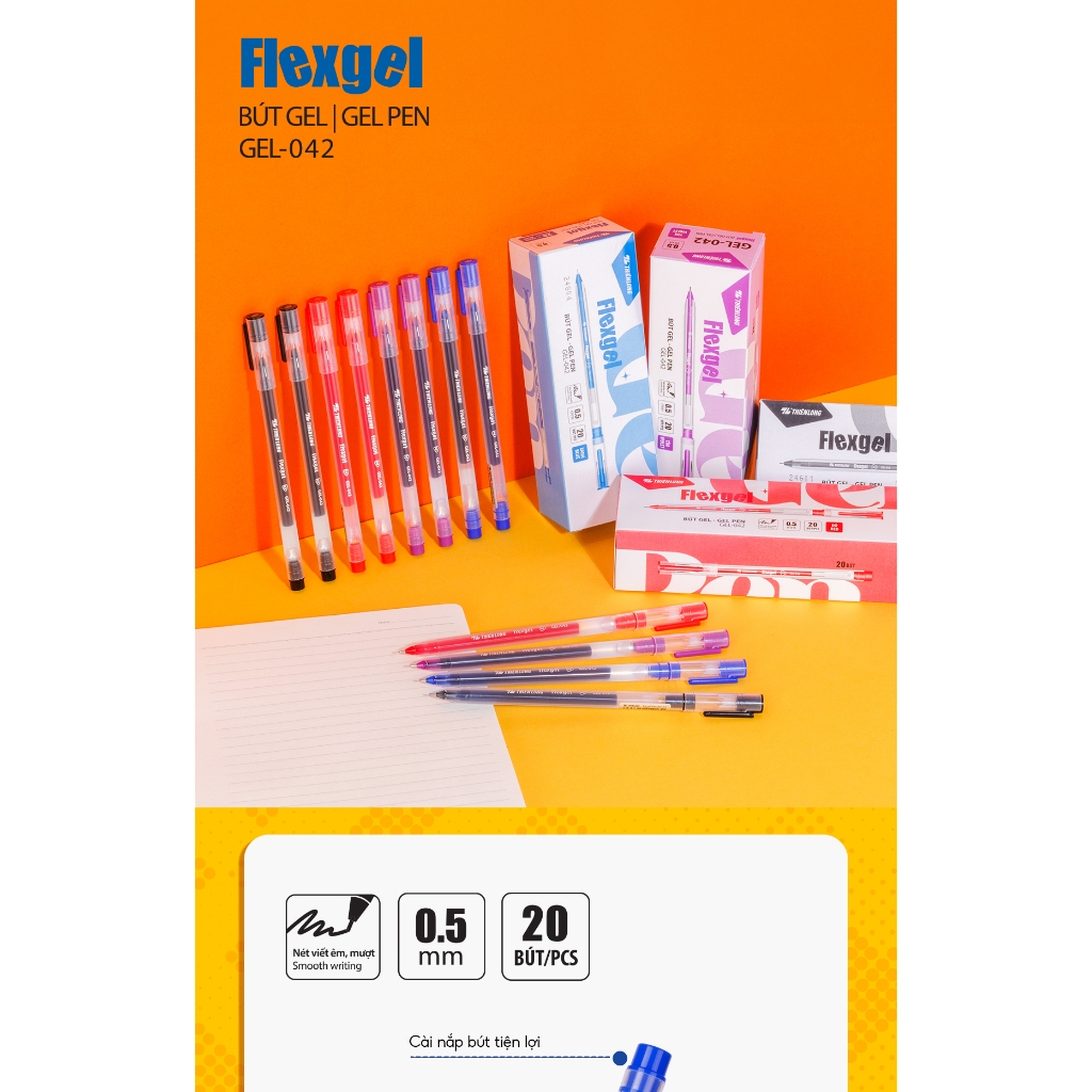 Bút bi nước Thiên Long mực khô nhanh, nét viết êm ngòi 0.5mm phù hợp cho học sinh,sinh viên GEL-042
