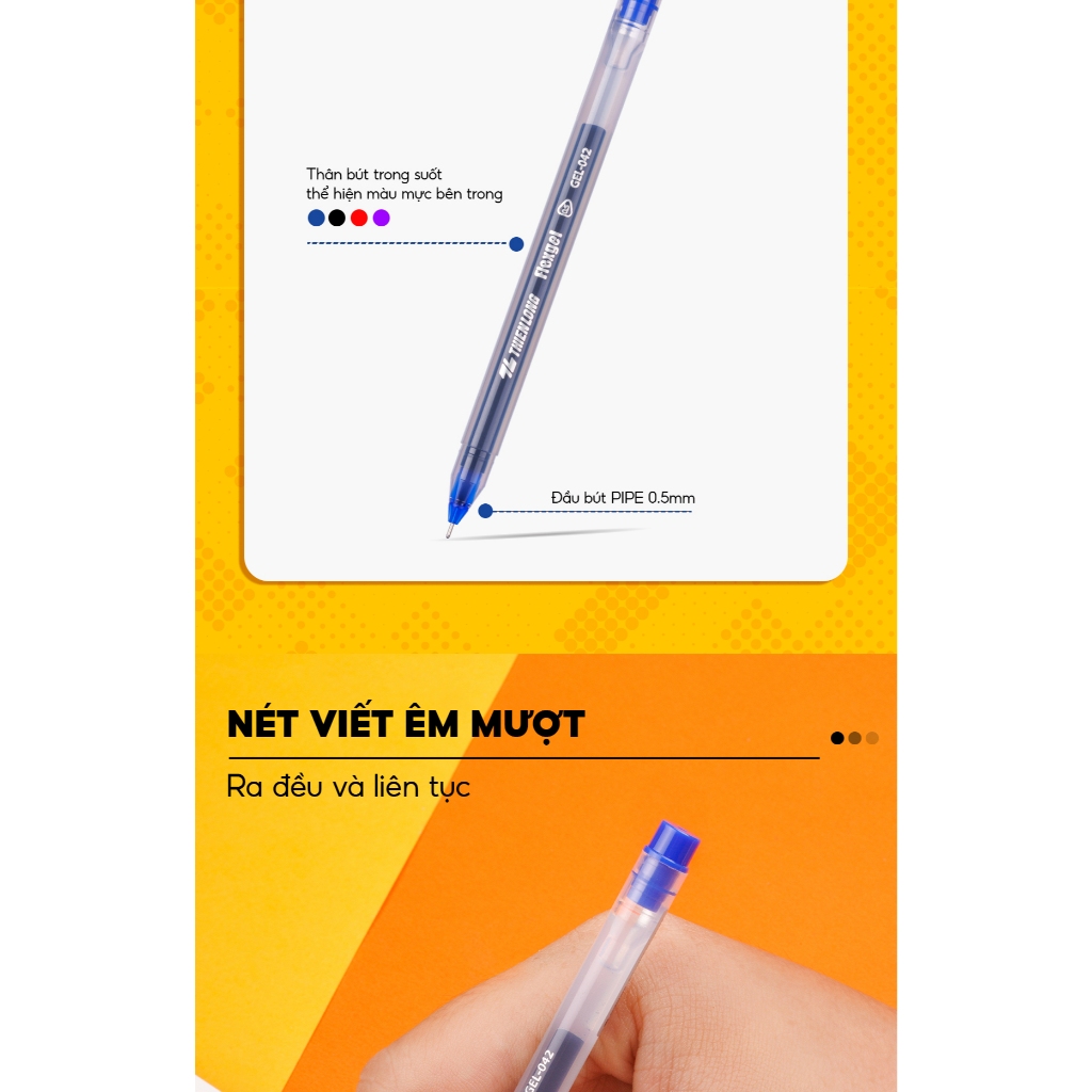 Bút bi nước Thiên Long mực khô nhanh, nét viết êm ngòi 0.5mm phù hợp cho học sinh,sinh viên GEL-042