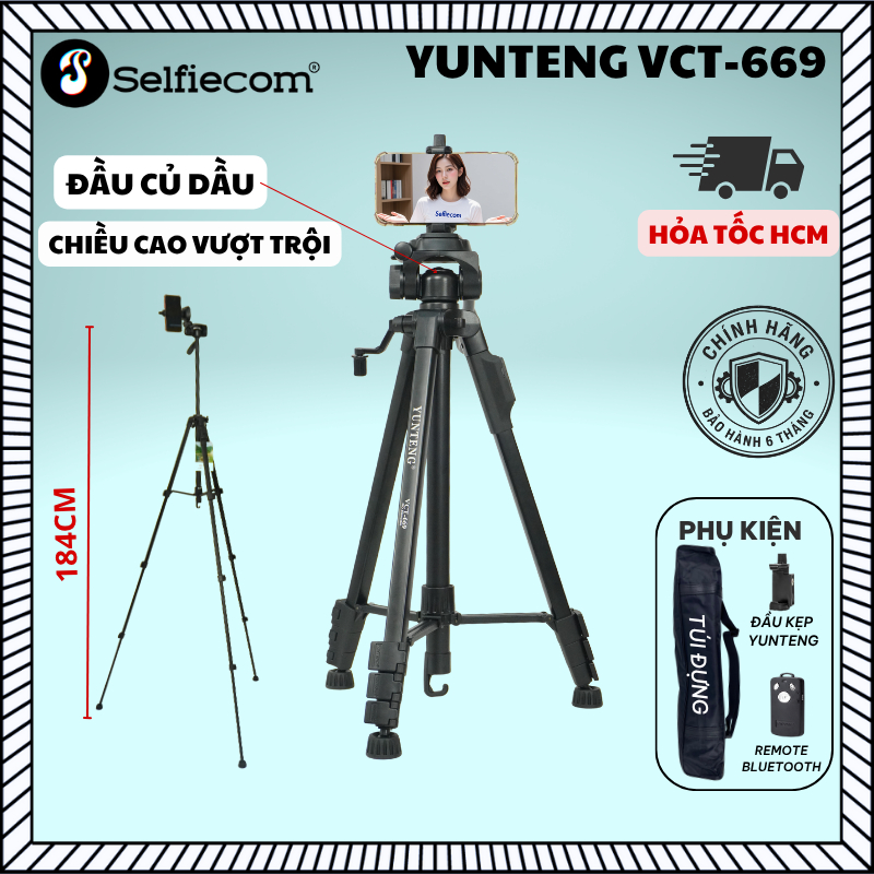 Chân Máy Quay Chụp Yunteng VCT-669 Cao 1m84 – Tripod Gấp Gọn Đa Năng Cho Máy Ảnh, Điện Thoại