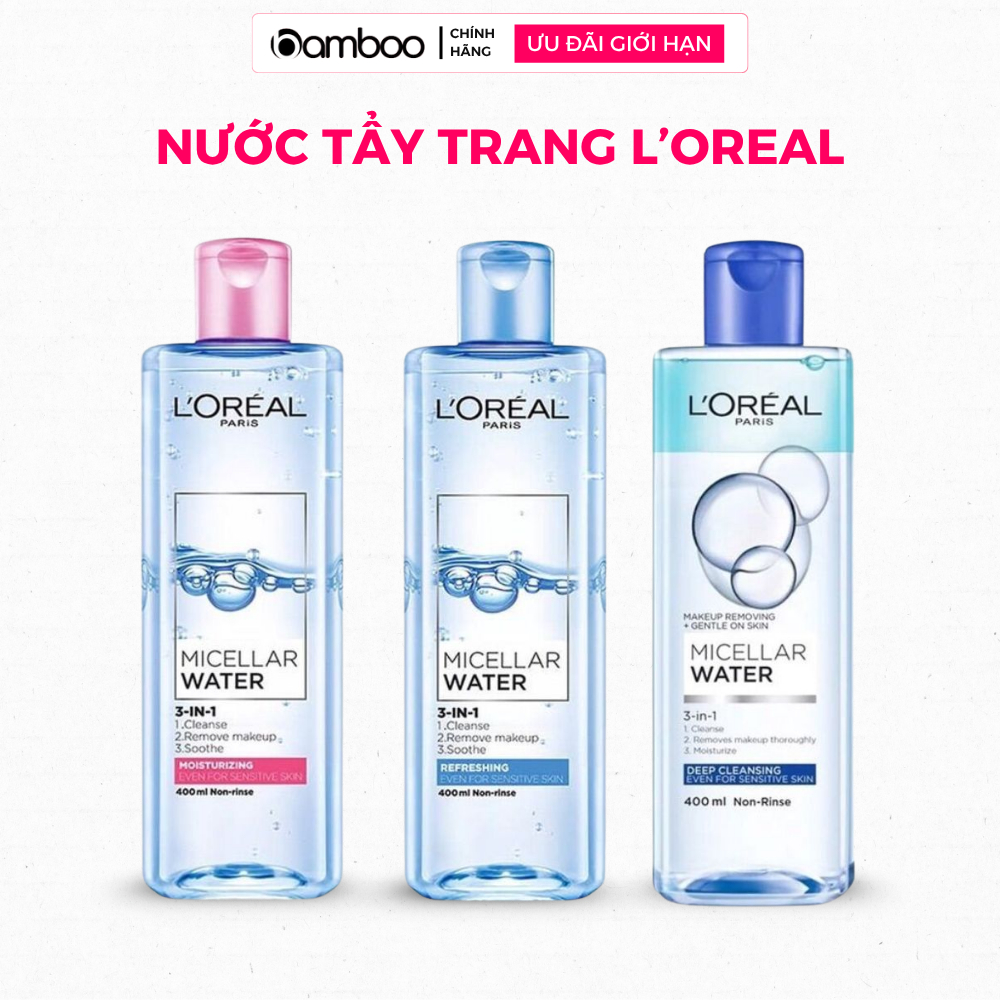 Nước tẩy trang L’Oreal Micellar Water 3in1 làm sạch sâu, tẩy trang dịu nhẹ, cấp ẩm mềm mịn da