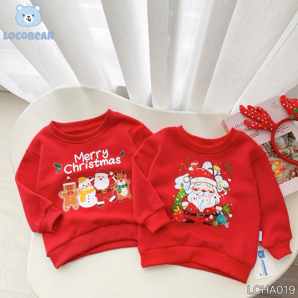Áo Nỉ Bông Dài Tay Bé Mặc Noel Giáng Sinh LCHA019 Màu Đỏ In Hình Xinh Xắn Size 80-140 (9-30kg)