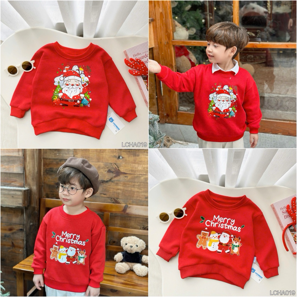Áo Nỉ Bông Dài Tay Bé Mặc Noel Giáng Sinh LCHA019 Màu Đỏ In Hình Xinh Xắn Size 80-140 (9-30kg)